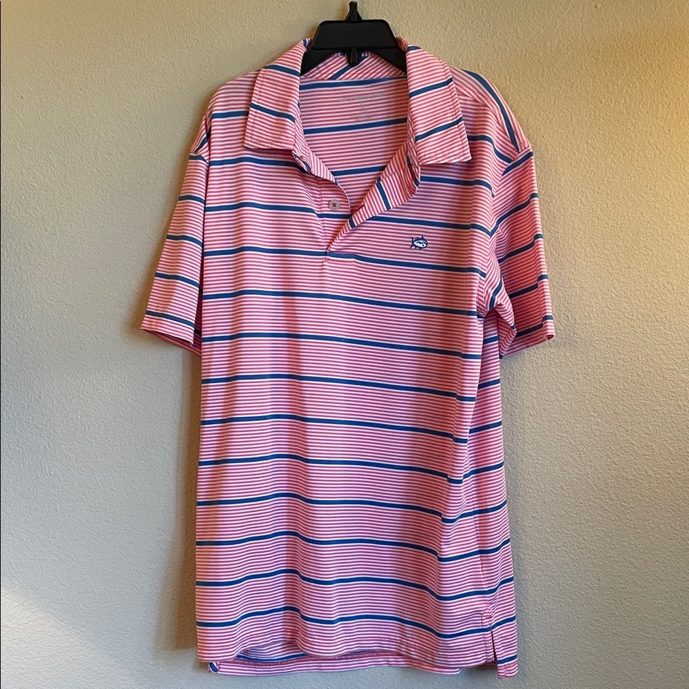 Boys Southern Tide Coral and Navy Striped Polo youth large